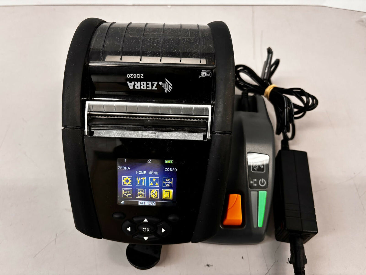 ZEBRA ZQ620 Barcode Printer ZQ62-AUFA000-00 w Battery Charger Base Clip QLn-EC