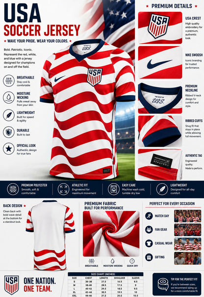 USA Soccer Jersey Mens Red White Wave Stripe Short Sleeve Dri-FIT Athletic Foot