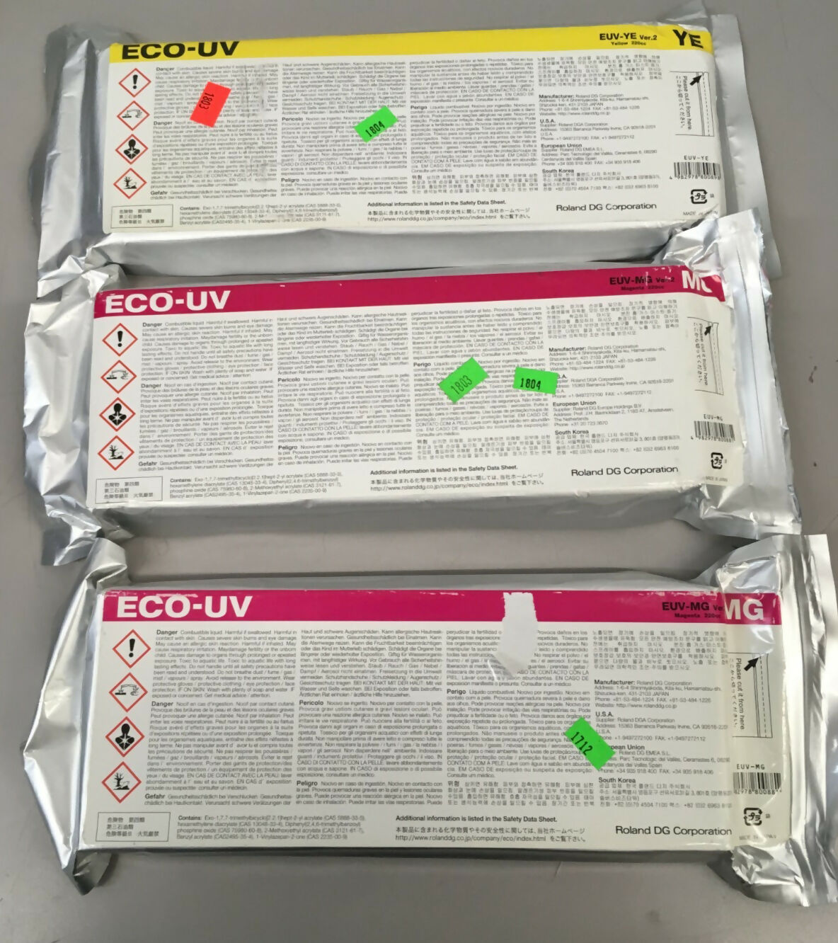 Lot of 3 Roland Eco-UV yellow 2 magenta Ink Cartridge EUV 220ml