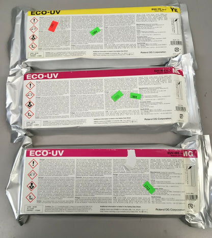 Lot of 3 Roland Eco-UV yellow 2 magenta Ink Cartridge EUV 220ml