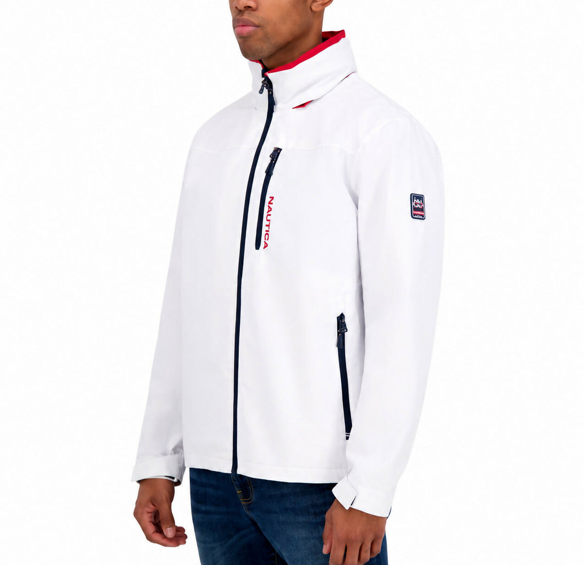 Nautica Sailing Jacket Mens L Full Zip White Tuck Away Hood MSRP