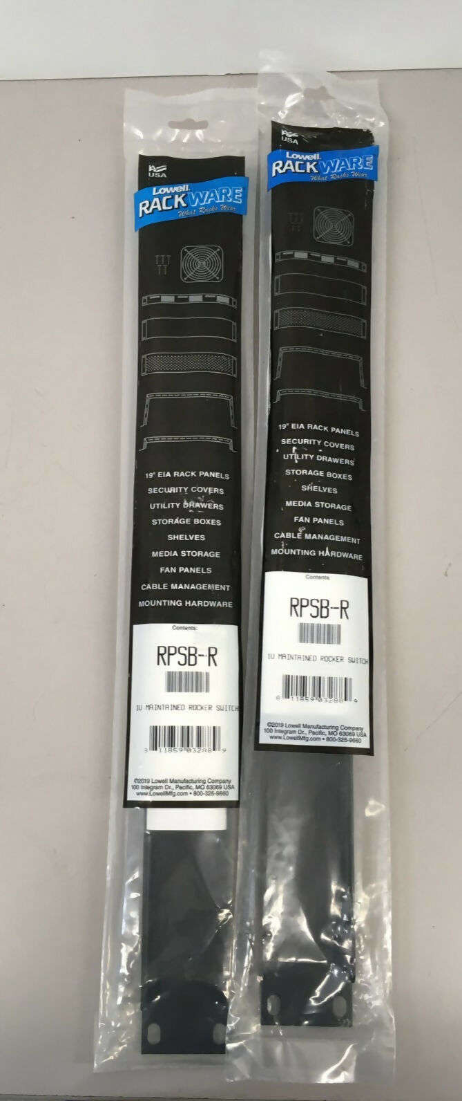 lot of 2 LOWEL rackware RPSB-R 1U maintained rocker switches