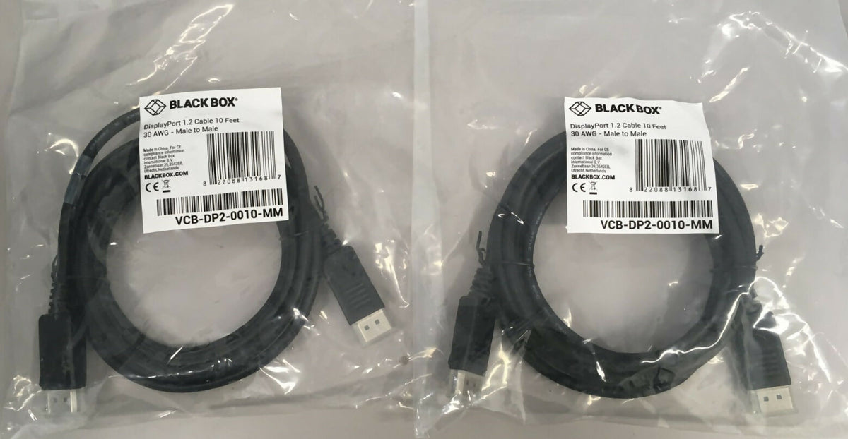 Lot of 2 Black Box 10ft DisplayPort Cable Male Male 30 AWG VCB-DP2-0010-MM