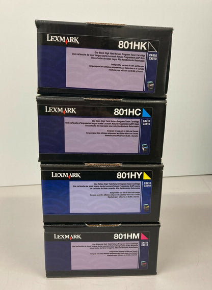 GENUINE SET 4 LEXMARK HIGH-YLD TONER 801HK 801HC 801HY 801HM CX410 CX510 SEALED