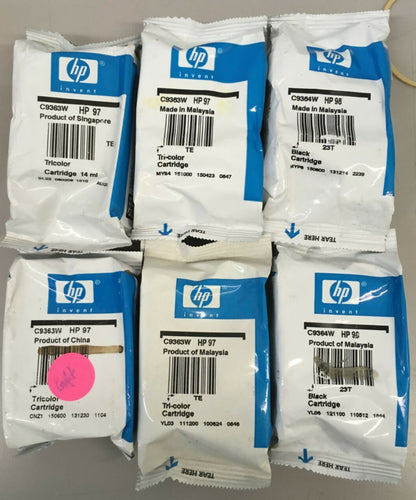 Lot of 6 HP 97 4 tri color 98 2 Black Ink Cartridges