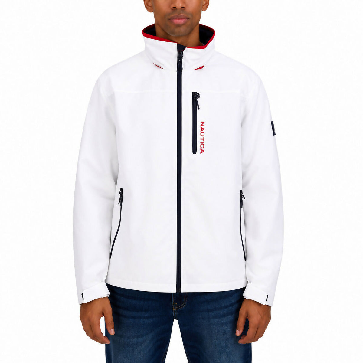 Nautica Sailing Jacket Mens L Full Zip White Tuck Away Hood MSRP