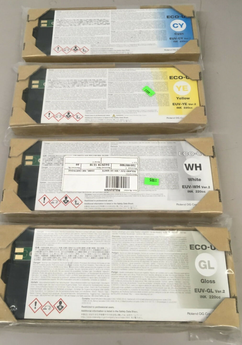 Original ROLAND Versa EUV-WH EUV-GL EUV-YE EUV-CY 4 x Ink cartridge Lot