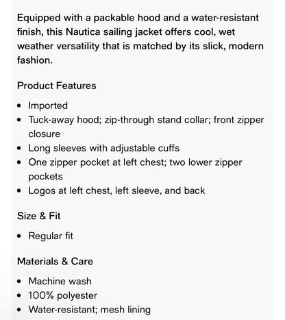 Nautica Sailing Jacket Mens L Full Zip White Tuck Away Hood MSRP